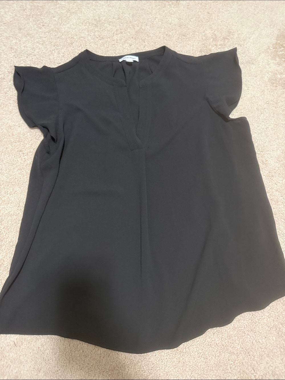 Calvin Klein Black Short Flutter-Sleeve V-Notch Top